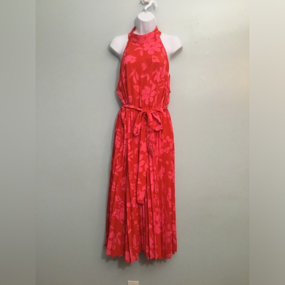SHEIN Red Maxi Dress with Pink Floral Print and Waist Tie